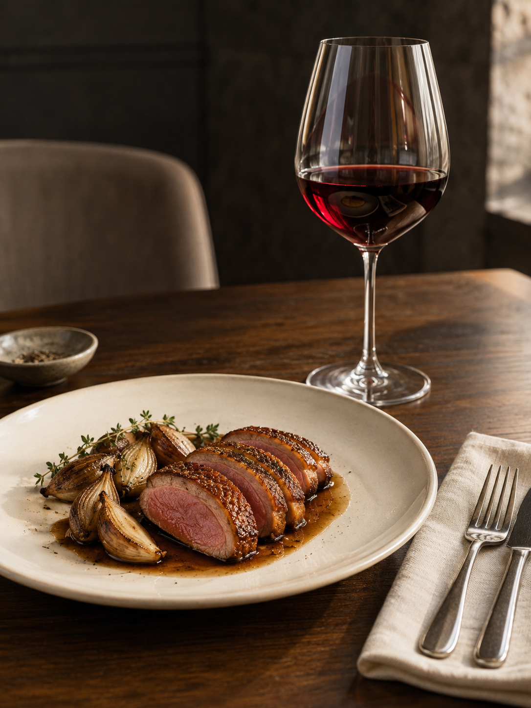 Roast duck with shallots beside a glass of red wine on a softly lit restaurant table
