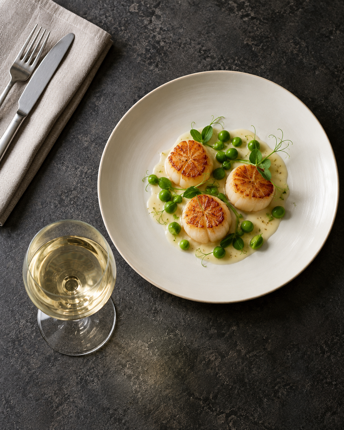 An overhead view of seared scallops with peas and a glass of white wine on a charcoal stone table